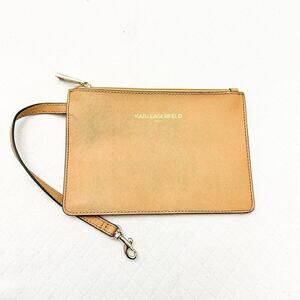Karl Lagerfeld Tan Pebbled Faux Leather Zippered Wristlet Pouch Purse OS EUC